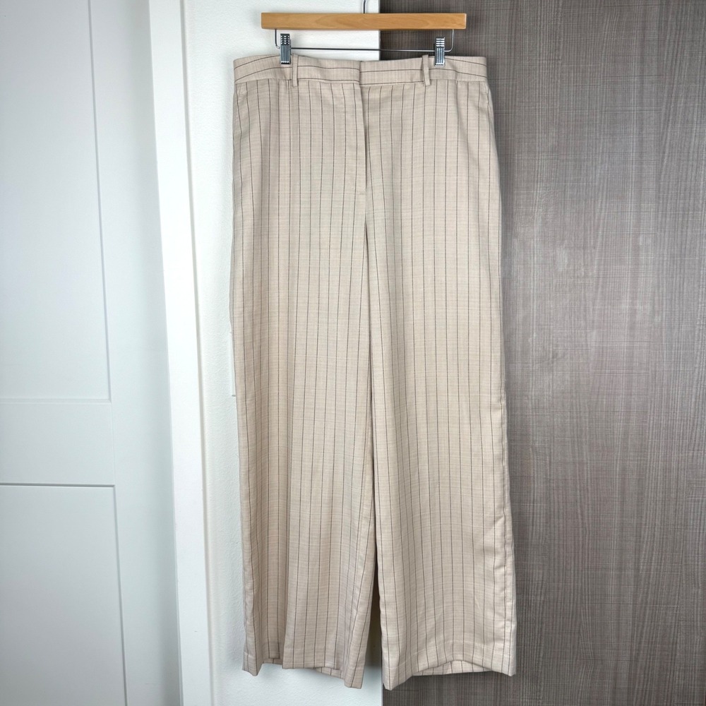 REISS Wool Linen Blend Striped Wide Leg Trouser Pants in Neutral Size 14 - Picture 3 of 11